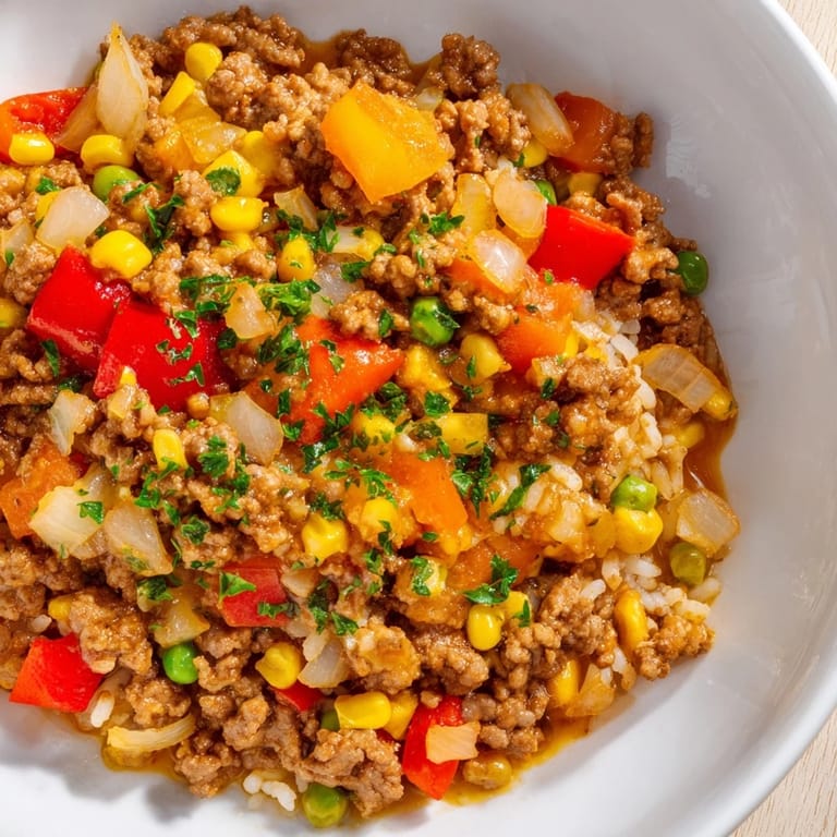 Flavorful Ground Beef Skillet with Veggies & Rice displays fluffy rice and tender, perfectly cooked vegetables.