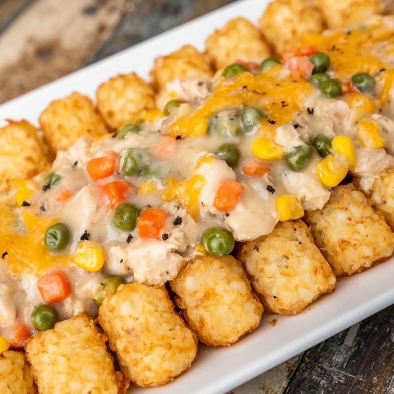 Warm, creamy chicken pot pie filling under a blanket of perfectly baked, crunchy tater tots.