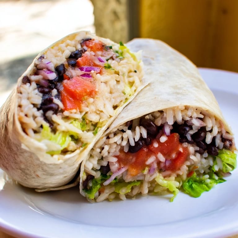 A close-up of a perfectly wrapped Rice & Bean Burrito with delicious fillings visible inside.
