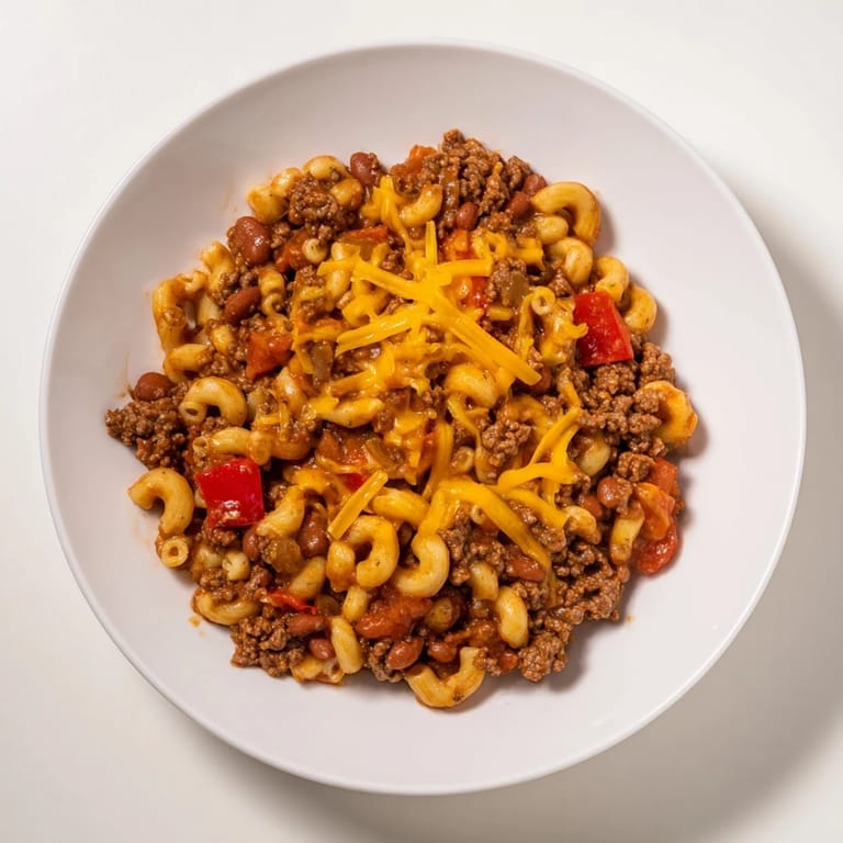 Mouthwatering close-up of cheesy Cheeseburger Chili Mac Skillet, a budget-friendly comfort food delight ready to serve.