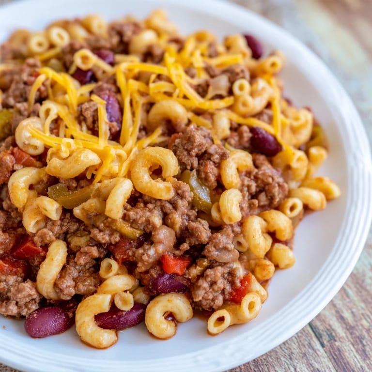 A steaming skillet of Cheeseburger Chili Mac, showcasing tender pasta, beef, and vibrant vegetable toppings.