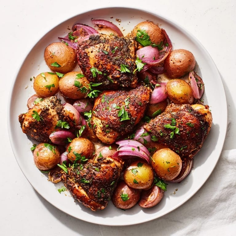 A sizzling sheet pan showcases the delicious Sheet Pan Zaatar Chicken, featuring beautifully roasted potatoes and tender chicken thighs.