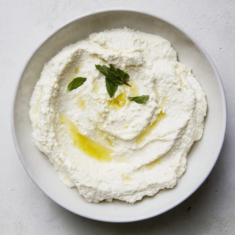A close-up of a vibrant whipped feta dip, finished with a bright lemon-mint topping ready to serve.