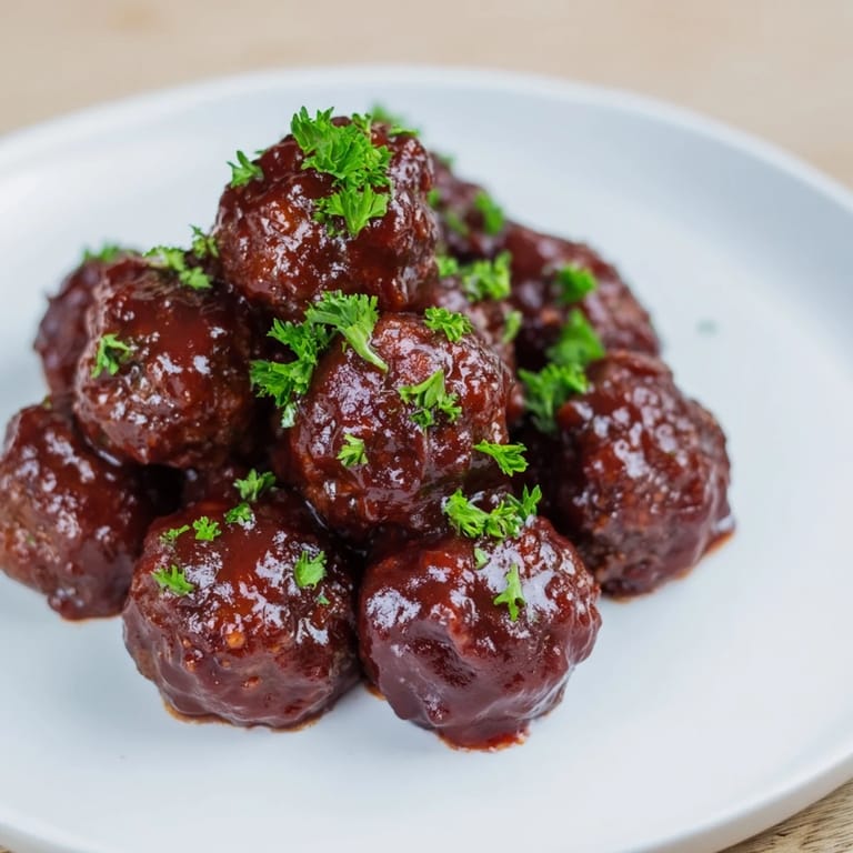 Close-up of bubbling cherry BBQ meatballs in a slow cooker, offering a delightful aroma and taste.