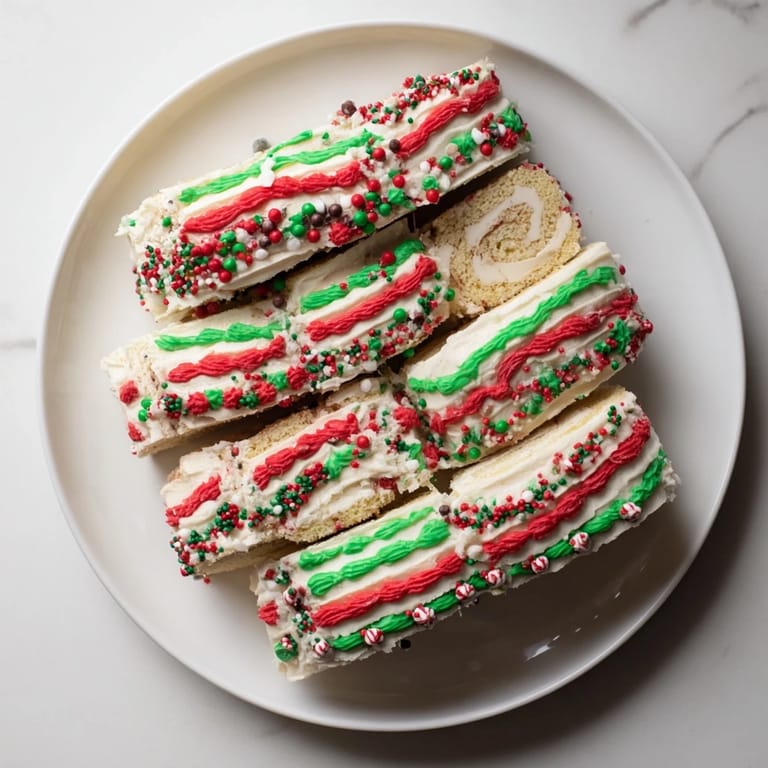 A close-up of the Ugly Sweater Cake Roll hack with piped frosting designs and holiday sprinkles.