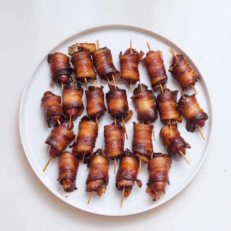 Golden-brown 3-Ingredient Bacon-Wrapped Smokies, perfect party appetizer with savory, sweet flavors.