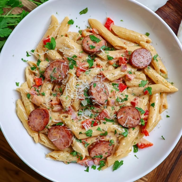 Garnish of fresh parsley atop the comforting Smoked Sausage Cajun Alfredo ready to enjoy.