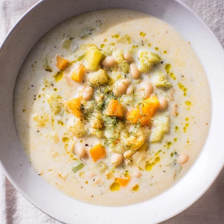 Creamy texture of Simple White Bean and Fennel Soup, a delicious and easy Mediterranean meal.