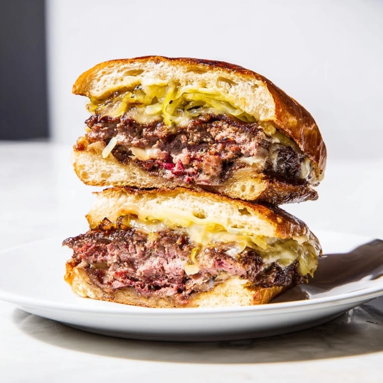 Diner-style patty melt with a crispy, buttery crust, loaded with beef, caramelized onions and served warm.