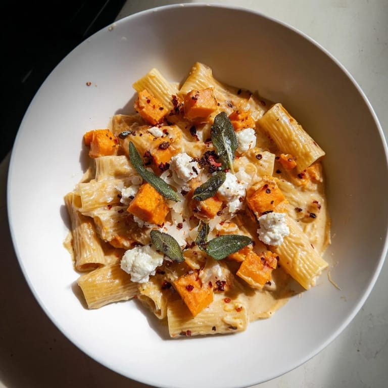 This comforting dish of Viral Sweet Potato Goat Cheese Sage pasta showcases perfectly roasted sweet potatoes.