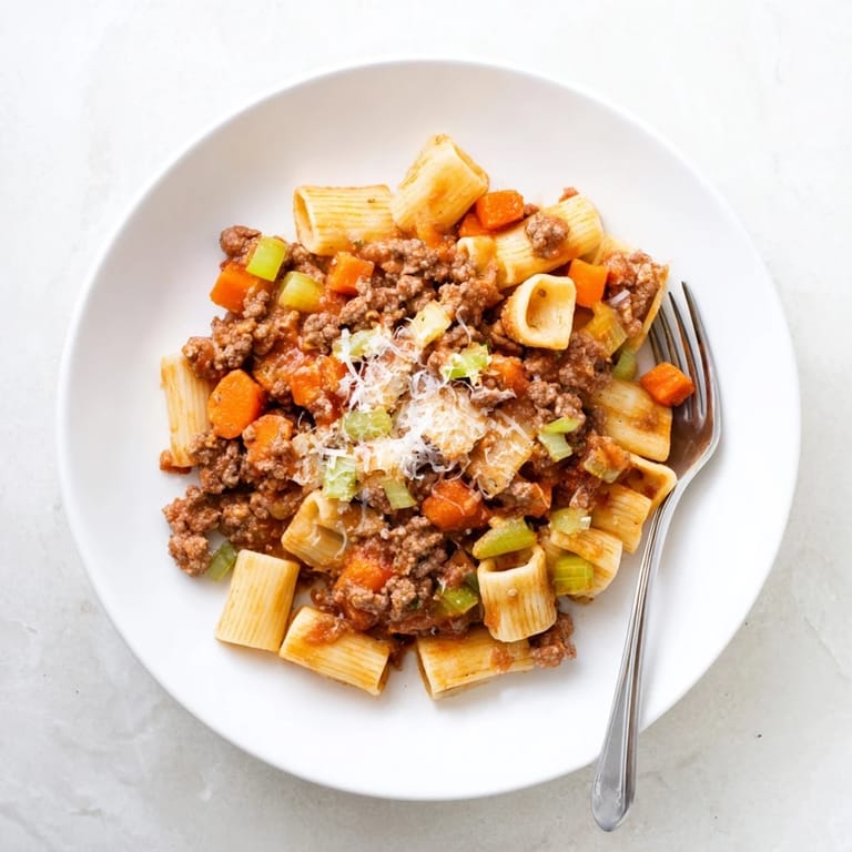 Close-up of the flavorful, deeply colored Classic Tuscan Ragu, simmering in a pot with vegetables.