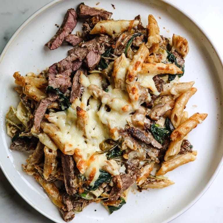 Melting mozzarella covers the Steak & Spinach Artichoke Pasta Bake, promising a rich, comforting, flavorful meal.