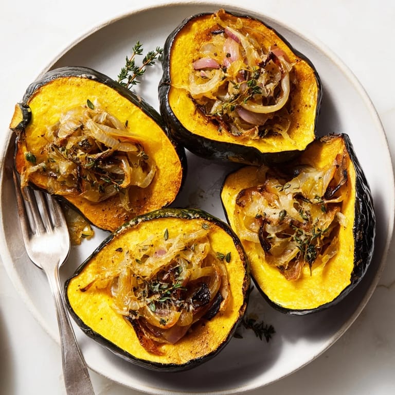 Gruyere cheese melts perfectly atop the Caramelized Onion Gruyere Acorn Squash, a cozy dish for crisp fall days.
