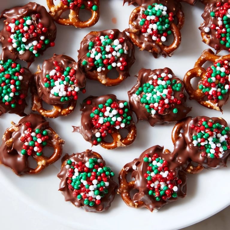 Melted chocolate covers crispy pretzels, finished with holiday sprinkles, making this an easy Air Fryer Christmas Pretzel Bites recipe.