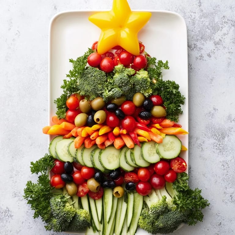 Fresh, crisp Healthy Christmas Veggie Platter Tree arranged with broccoli, peppers, and tomatoes; a festive appetizer.