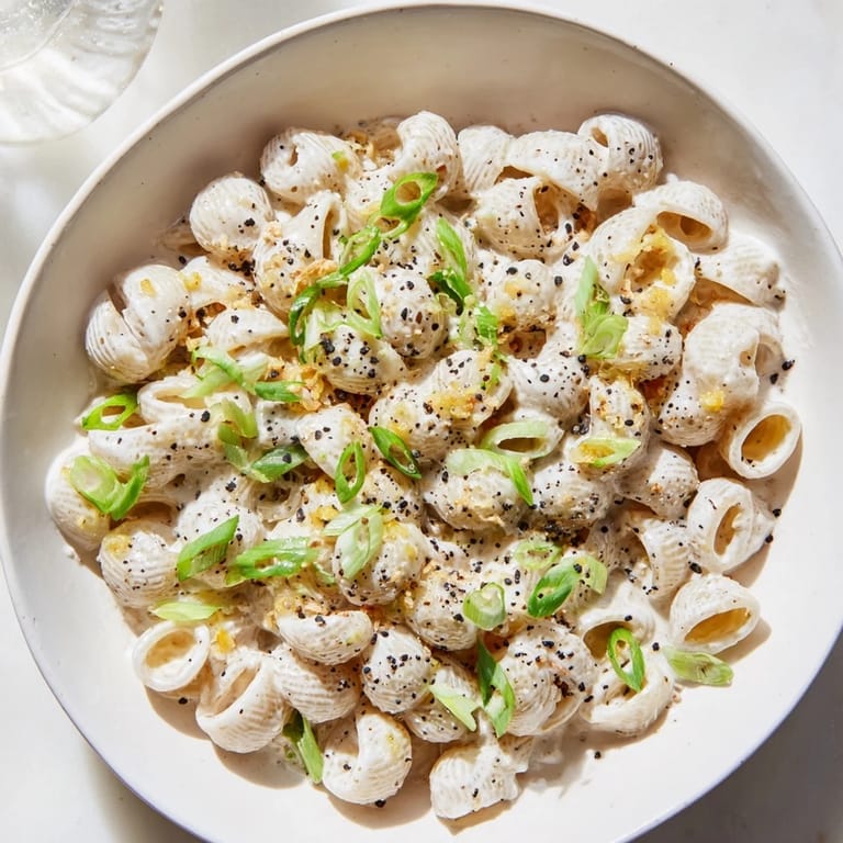 Golden creamy Japanese-inspired Miso Ditalini topped with vibrant green scallions awaiting your first bite.