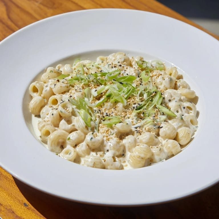 A delightful plate of Japanese Miso Ditalini, with toasted sesame seeds accenting the creamy pasta.