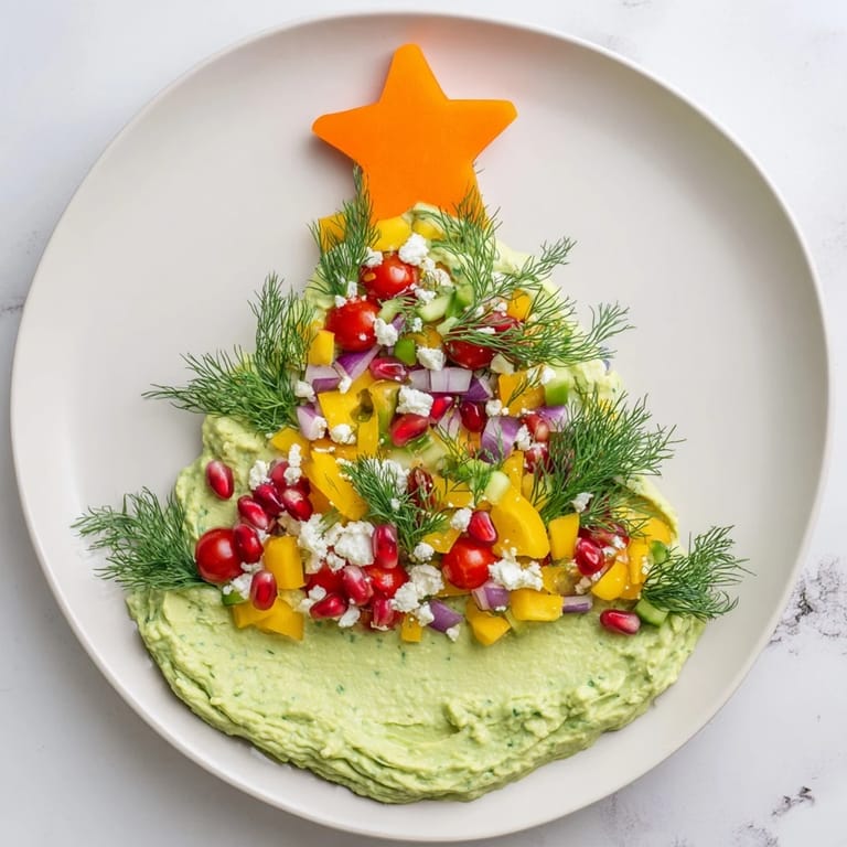 Vibrant Christmas tree-shaped whipped avocado dip, a holiday appetizer served with crackers and fresh parsley.