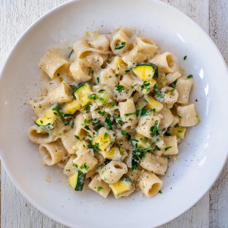 Golden-hued One-Pot Creamy Zucchini Ditalini, with tender zucchini and a rich, creamy sauce, ready to eat.