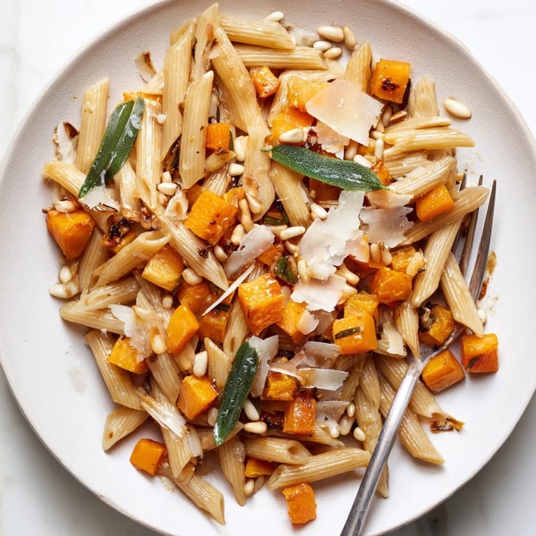 A comforting bowl of Butternut Squash & Sage Brown Butter Pasta, with tender squash and whole wheat pasta.