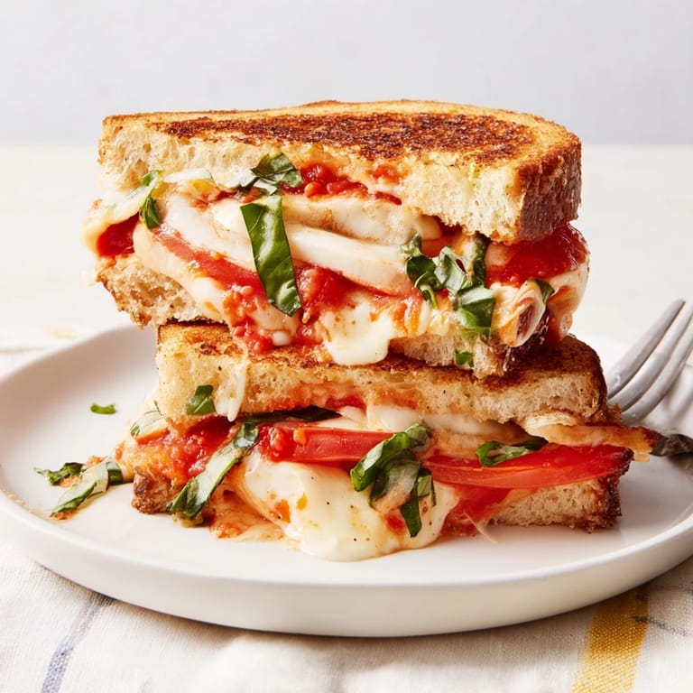 A close-up of a crispy Air Fryer Pizza Margherita Grilled Cheese, its warm, gooey fillings inviting a taste.