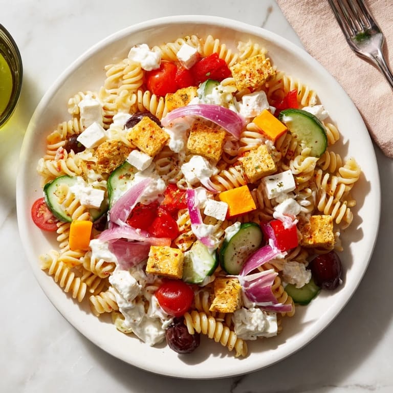 Vibrant Greek Yogurt Million Dollar Christmas Pasta Salad with diced vegetables and crumbled feta cheese ready to eat.