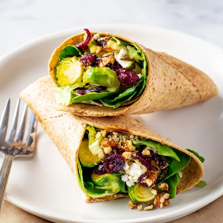 A delightful, warm roasted Brussels sprouts and cranberry grain wrap, perfect for a vegetarian lunch.