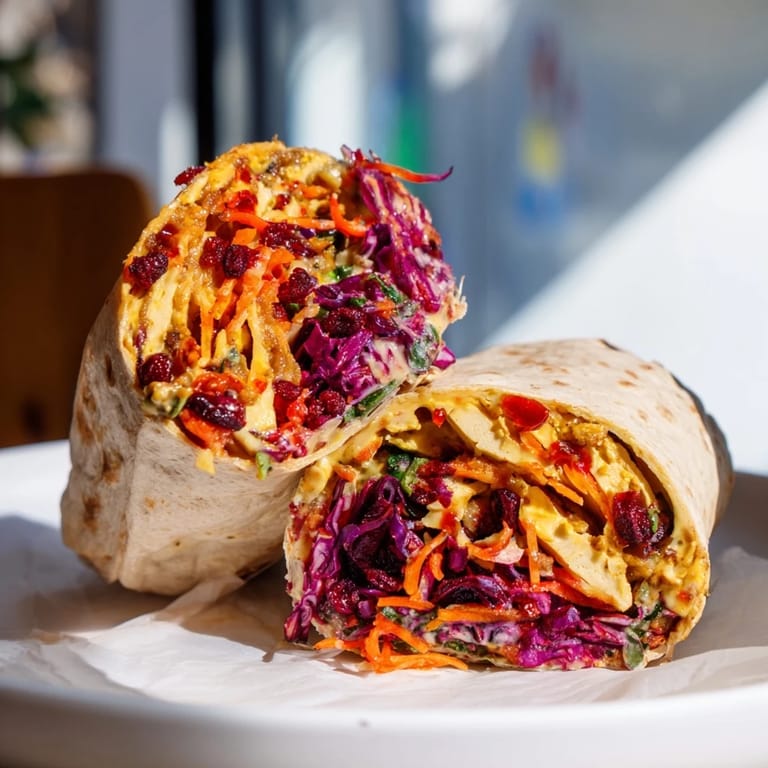 A delicious Sweet Chili Tofu Crunch Wrap, featuring a flavorful plant-based meal with holiday slaw and chips.