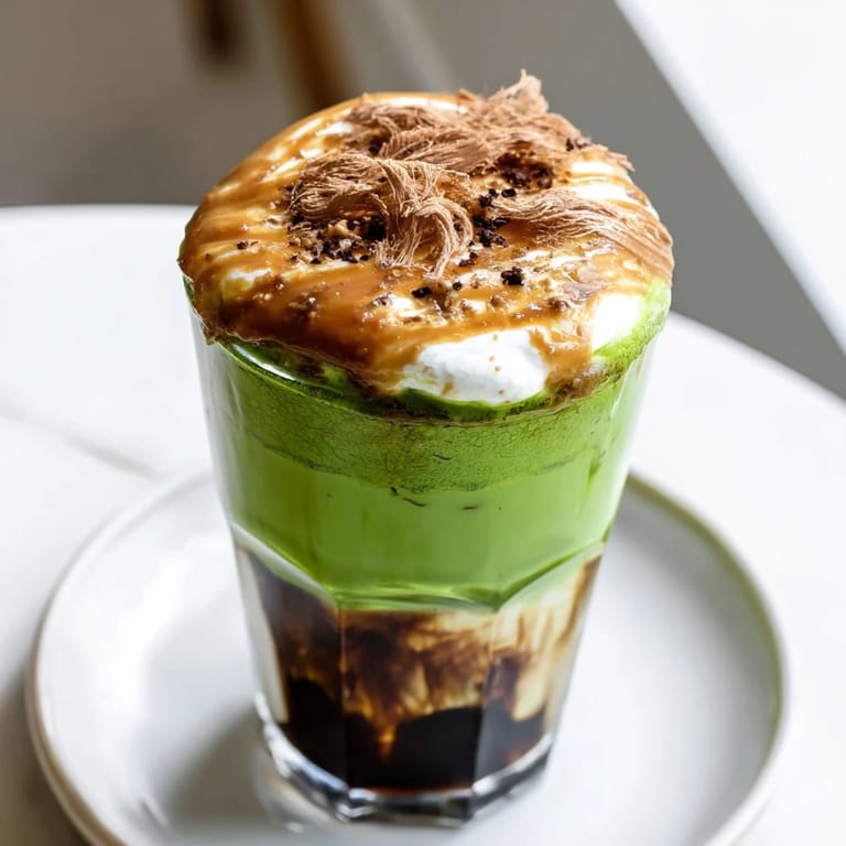 Iced Caramel Brulée Matcha Christmas Coffee Dupe topped with whipped cream and caramel crumbs for a festive treat.