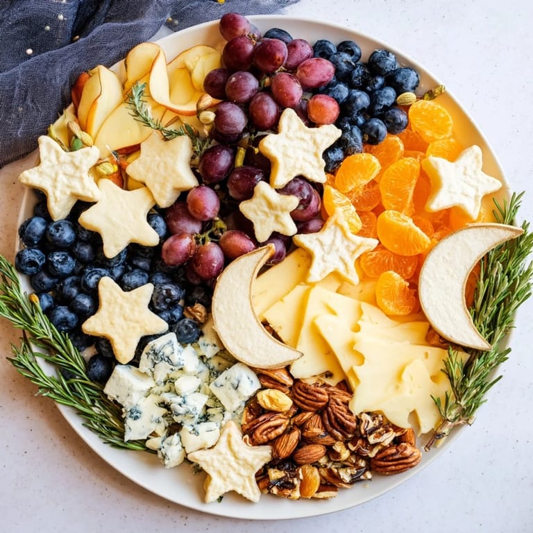 Golden-dusted chocolate stars and creamy cheeses enhance this delicious Moon & Stars Night Board.