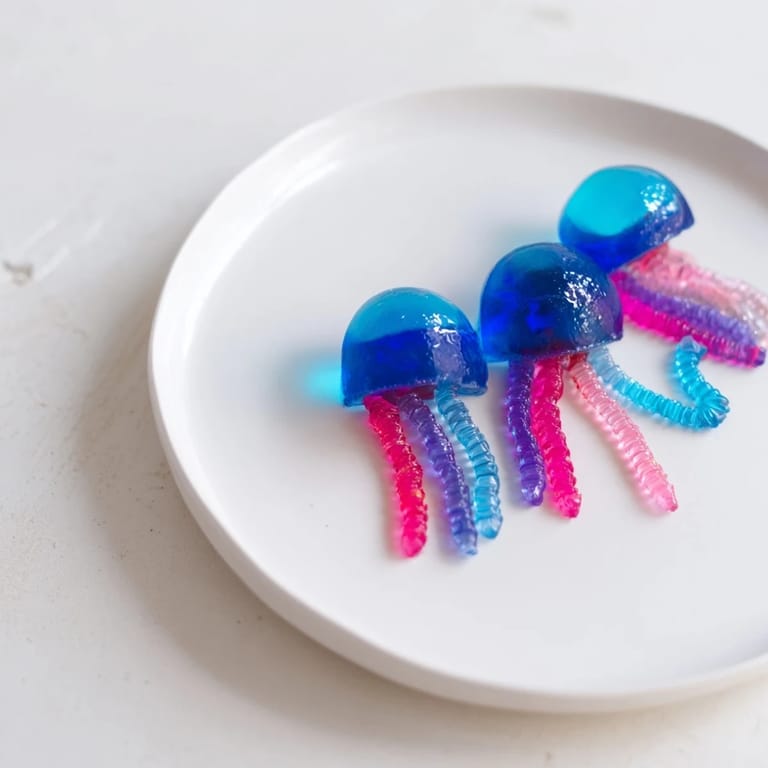 Vibrant Jellyfish Candy Platter showcasing gummy jellyfish with "tentacles" arranged on the platter.