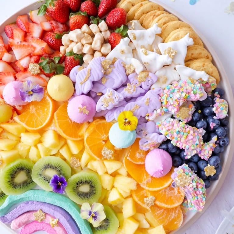 Enjoy a visual feast: a beautifully arranged Magical Unicorn Rainbow Dessert Board overflowing with sweet, colorful desserts.