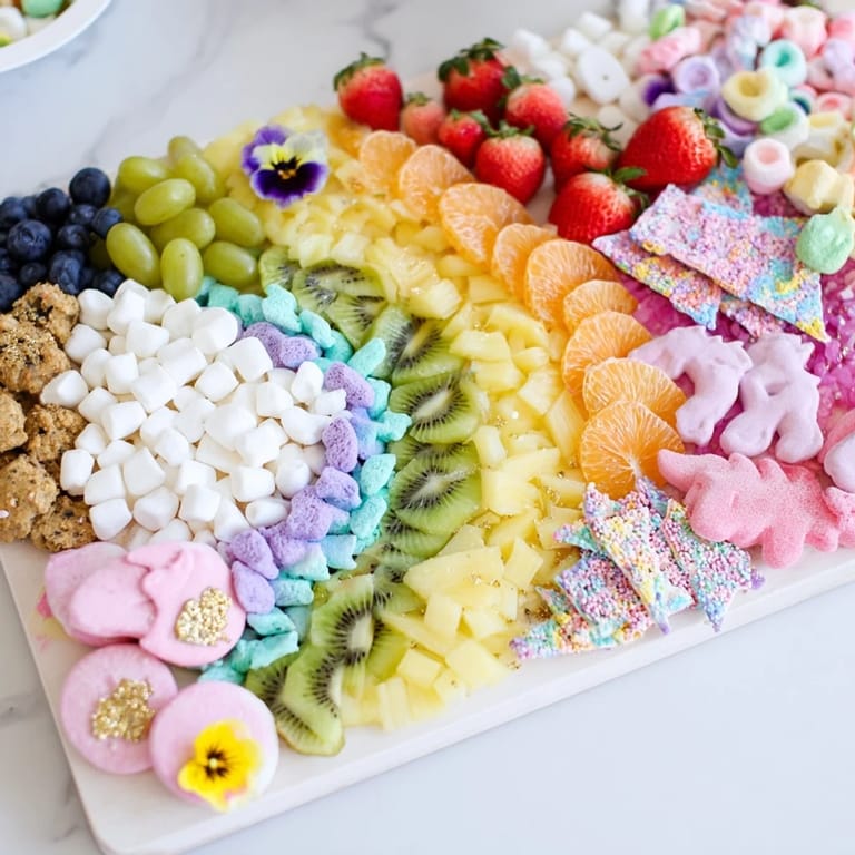 This whimsical Magical Unicorn Rainbow Dessert Board presents assorted treats perfect for a joyful celebration gathering.