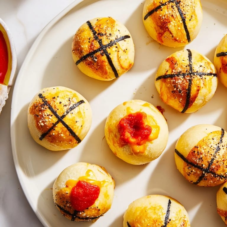 Perfectly round and browned Slam Dunk Basketball Pizza Bites arranged on a baking sheet, ready to eat.