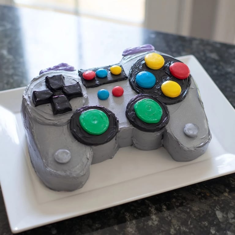 Picture a decorated pixel perfect video game controller board cake, ready to delight your taste buds.