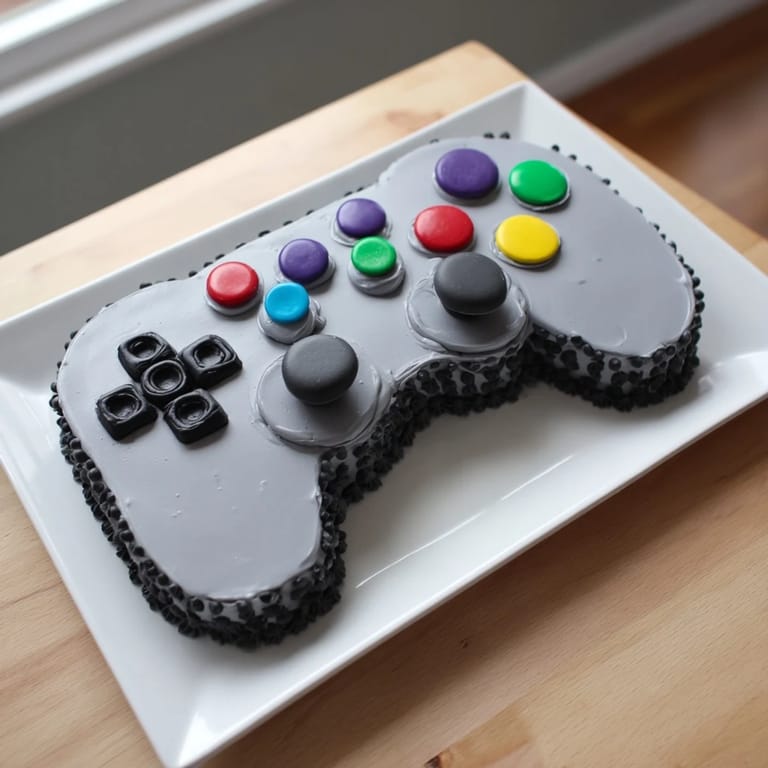 This decorated, pixel perfect board game controller cake is a delicious treat with colorful candy buttons.