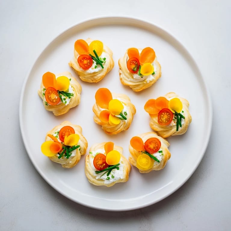 Close-up of colorful Fairy Garden Flower Shaped Snacks, creamy filling and fresh vegetable toppings visible.