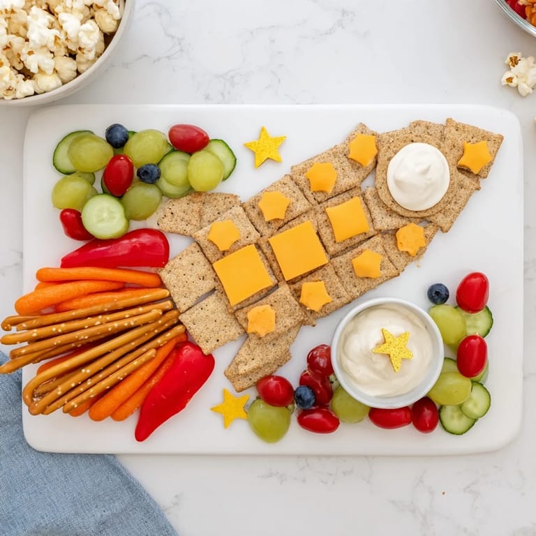 Easy Blast Off Spaceship Snack Board with rocket-shaped crackers, ready for a fun, healthy kids' snack.
