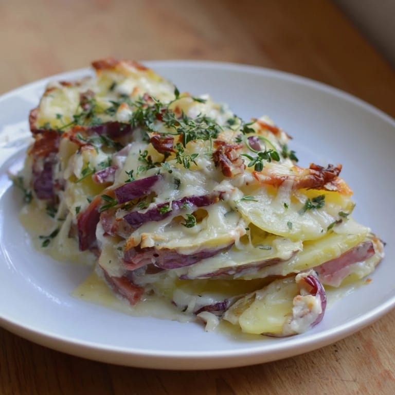 A warm serving of Plateau Moufle Chaud et Confortable showcases creamy cheese and tender ham with sprigs of fresh herbs.