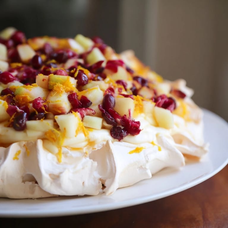 The finished Cranberry and Pear Snowscape with golden meringue, perfect for a cozy, festive treat.