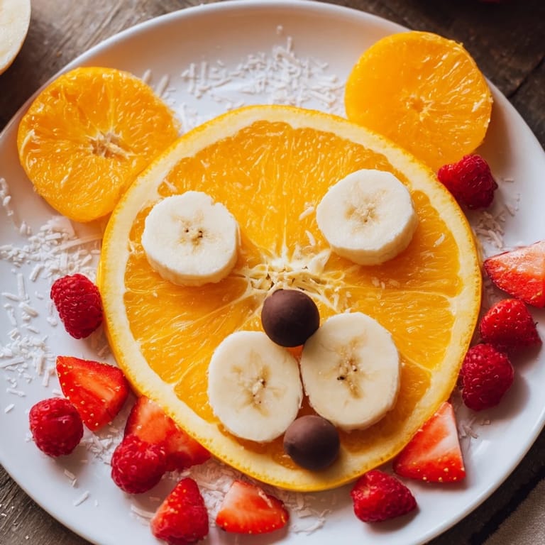 A fun and healthy Orange Slice Bear Face Fruit Board, ready for a kid's snack time.