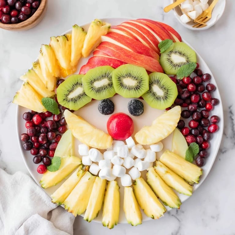 Enjoy a festive Santa fruit platter! Sliced pineapple forms a sweet beard, surrounded by vibrant fruits.