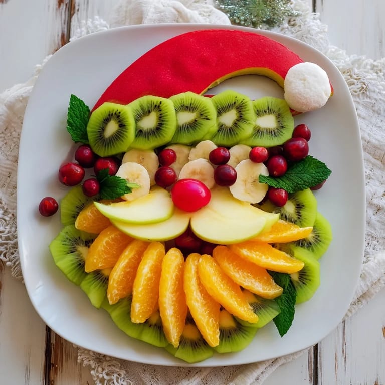 This Santa fruit platter features a cheerful face made of banana, kiwi, and strawberry for a healthy treat.