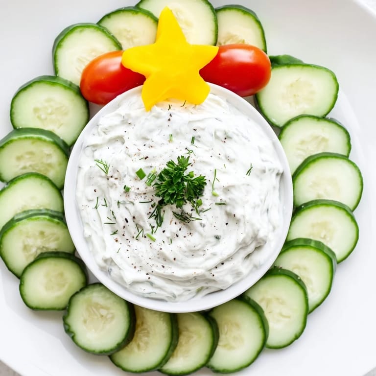 Beautiful Cucumber and Tomato Tree Dip Platter, perfect for parties; a creamy dip surrounded by fresh veggies.