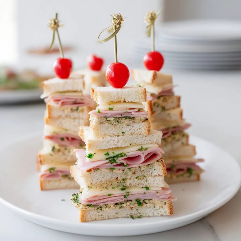 Golden-brown mini sandwich Christmas Tree towers, featuring layered ham, cheese, and herbed butter for a tasty bite.