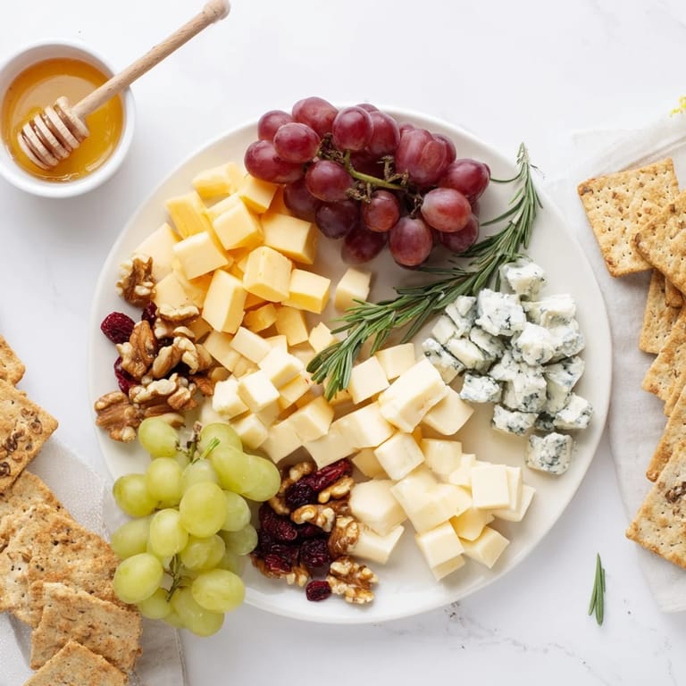 This Cheese Board is lavish: showcasing creamy brie, sweet grapes, nuts, and cheddar for snacking.