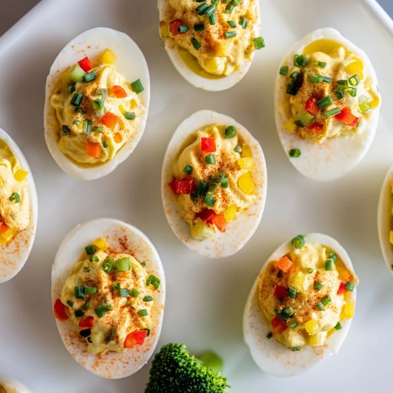 Delicious Christmas Tree Deviled Eggs, creamy filling piped atop egg whites, garnished with colorful vegetables.