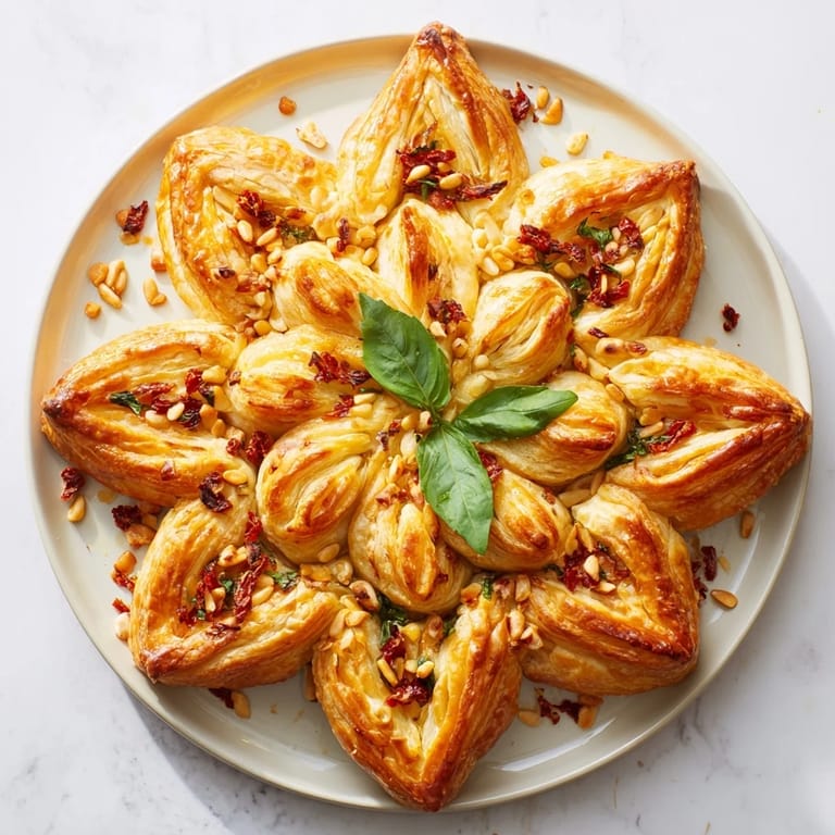 Elegant Poinsettia Puff Pastry Appetizer, brushed golden, offers a delightful combination of textures and flavors.