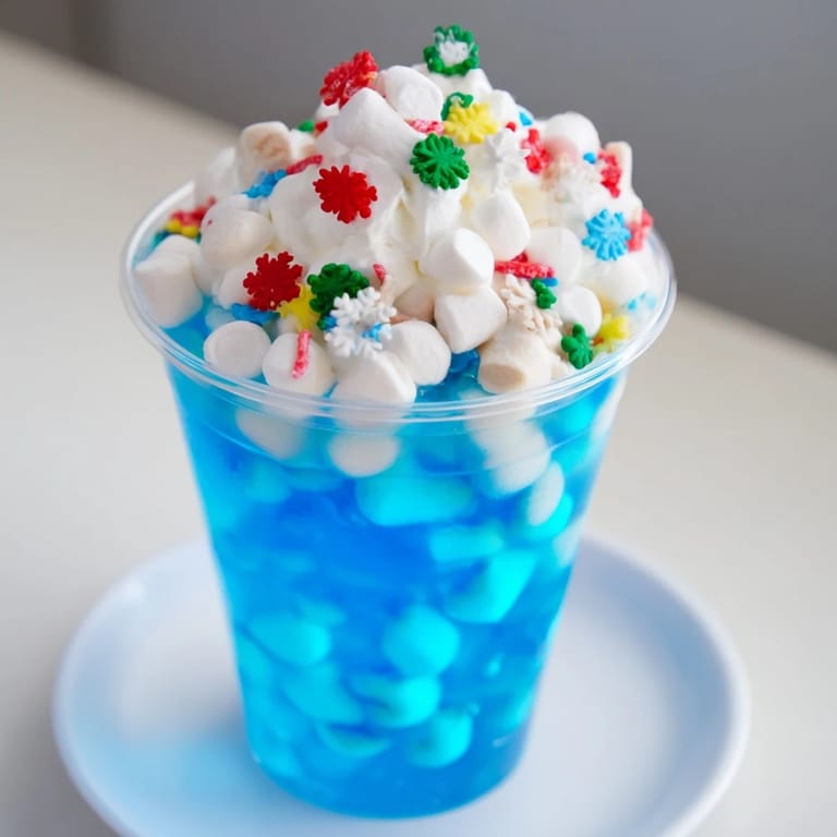 Deliciously festive snow globe Jello cups, featuring shimmering sprinkles and wiggly, bright blue gelatin.