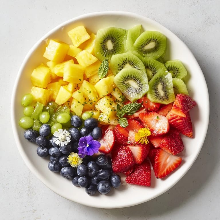 Close-up of a refreshing Festive Bow Fruit Medley, drizzled with lime dressing and ready to serve.